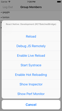 iOS React Native developer tools menu